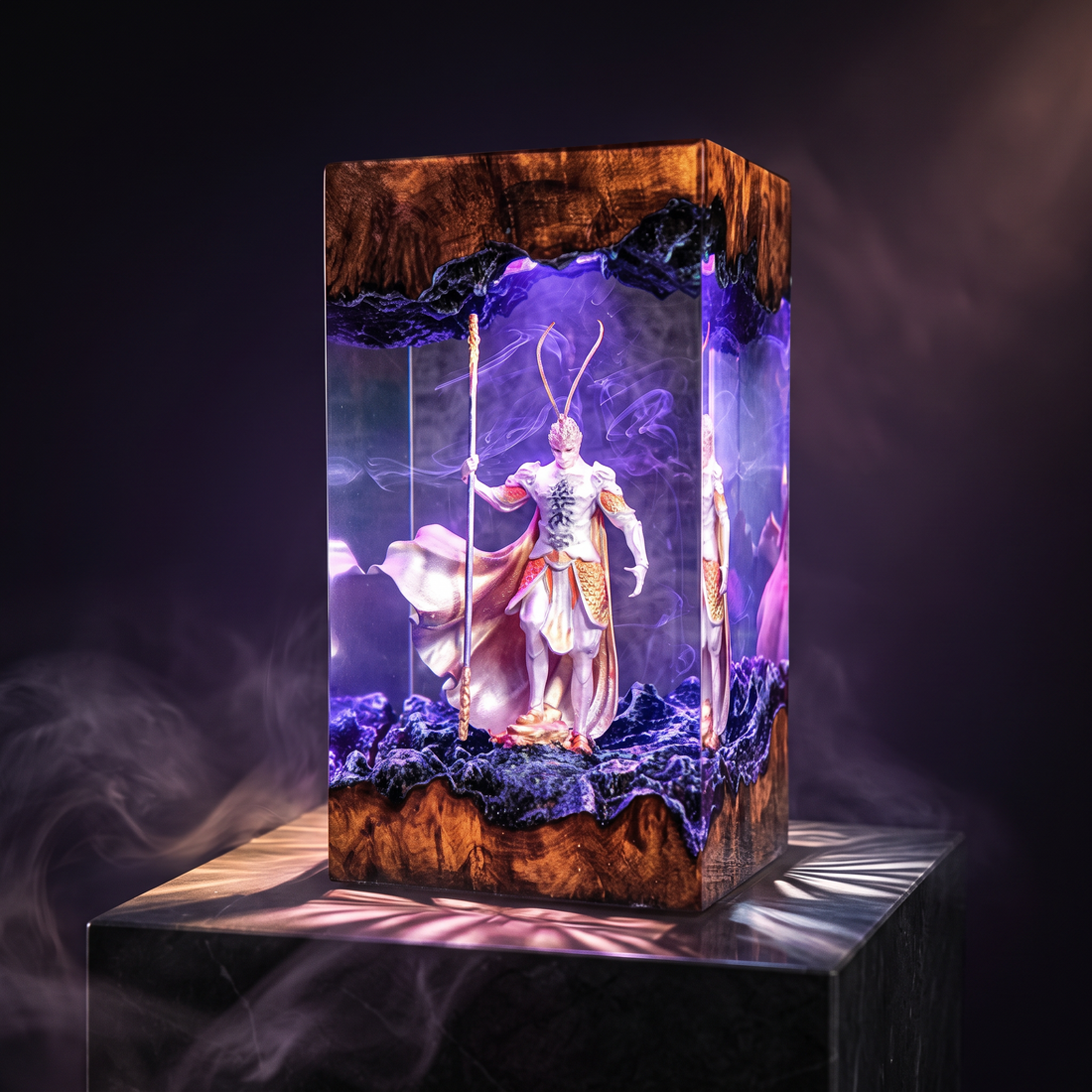 A stunning handmade resin lamp uniqueness displayed with vibrant colors and intricate craftsmanship.