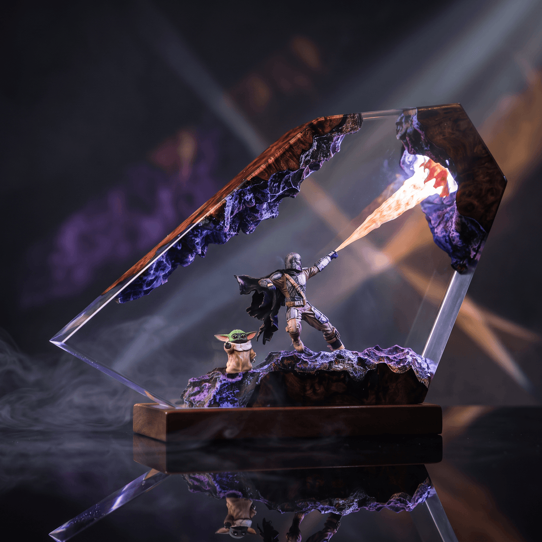 A resin lamp featuring a detailed figurine of a heroic character with flames, highlighting the artistry of resin lamp design.