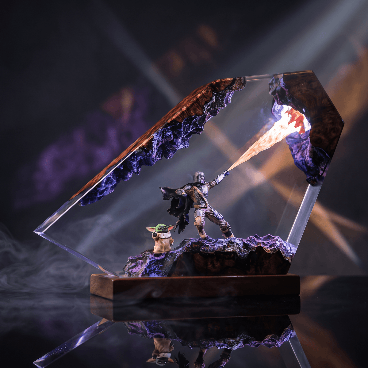 A resin lamp featuring a detailed figurine of a heroic character with flames, highlighting the artistry of resin lamp design.