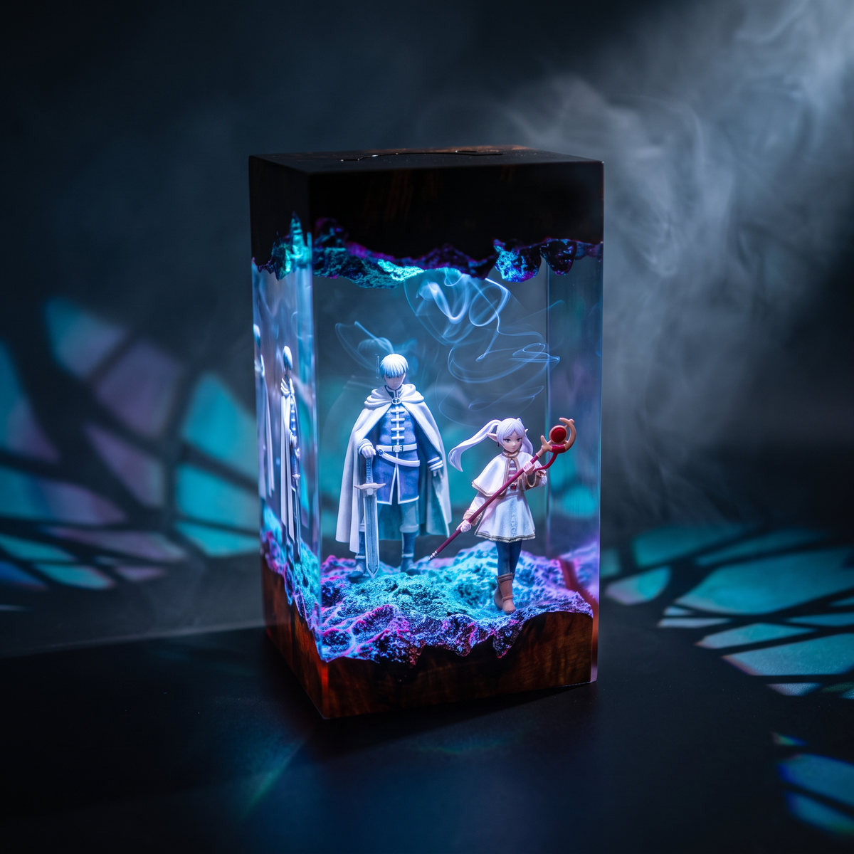 Anime figures in a resin lamp, showcasing vibrant lighting for resin lamps for anime fans.