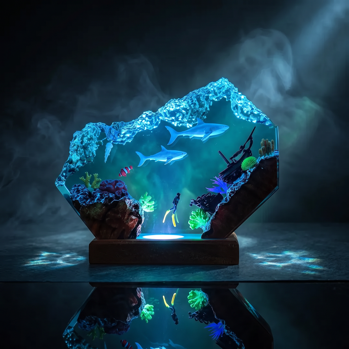 A beautifully crafted resin lamp showcasing underwater life, illustrating how resin lamps are made.