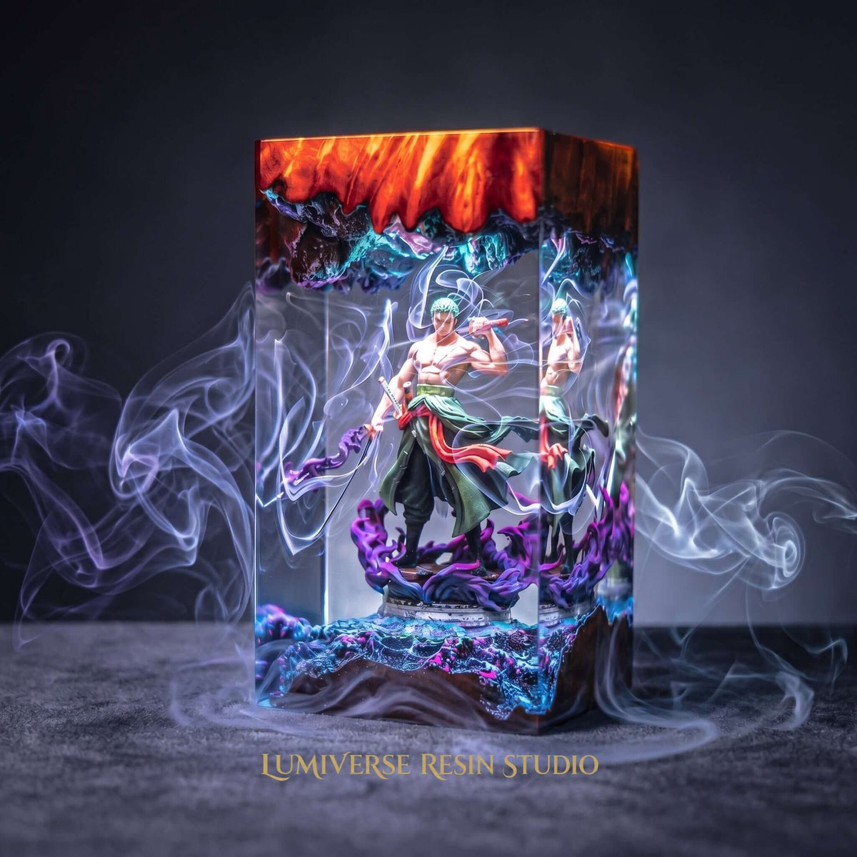 alt_tag: Stunning resin figure encased in smoke, showcasing the top selling products from Lumiverse Resin Studio.