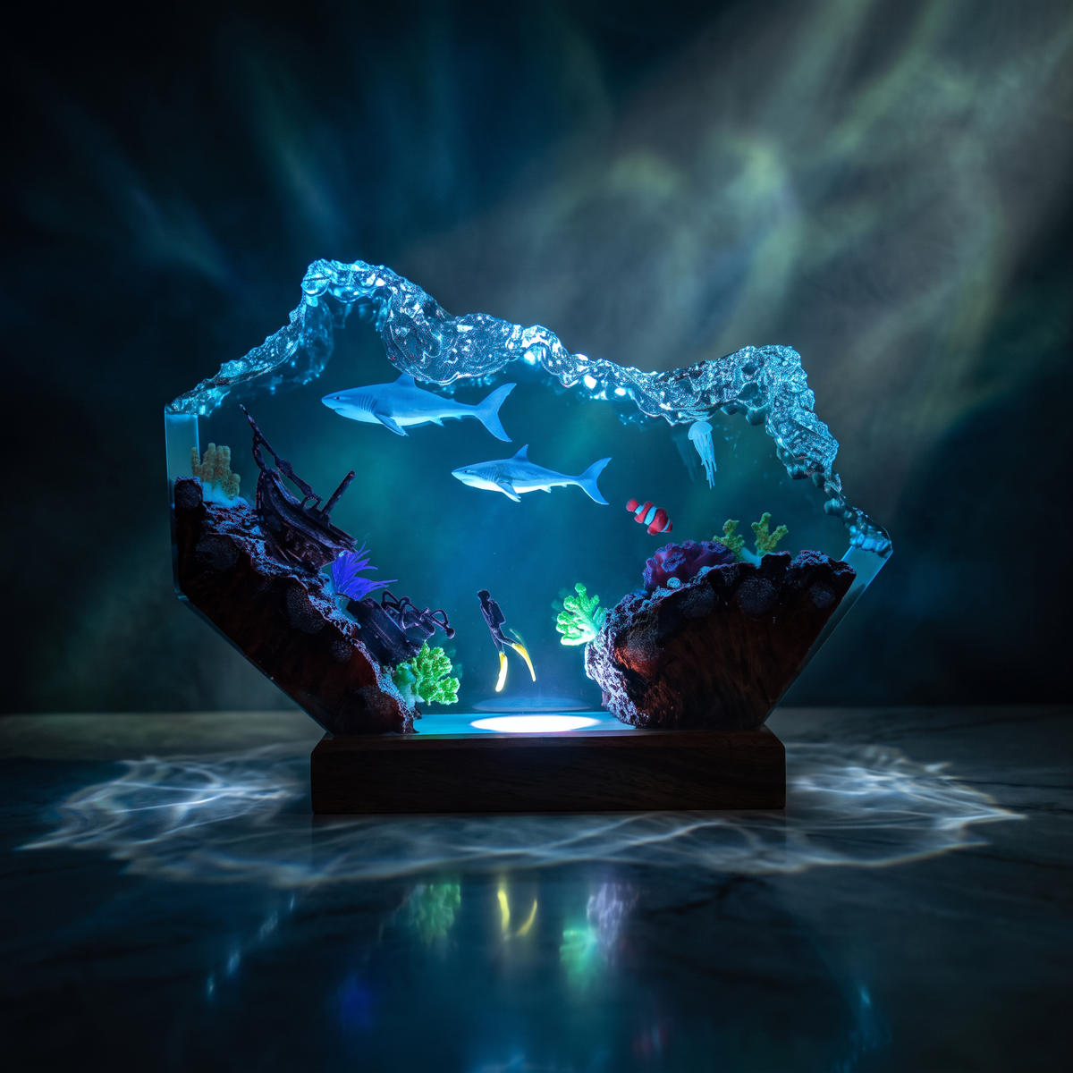 2 Sharks Resin Lamp | LED Diorama Ocean | Lumiverse Resin