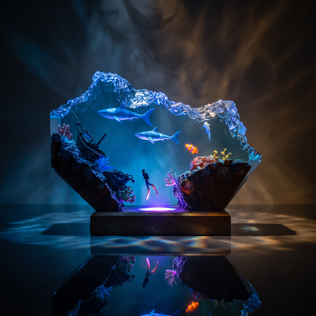 2 Sharks Resin Lamp | LED Diorama Ocean | Lumiverse Resin