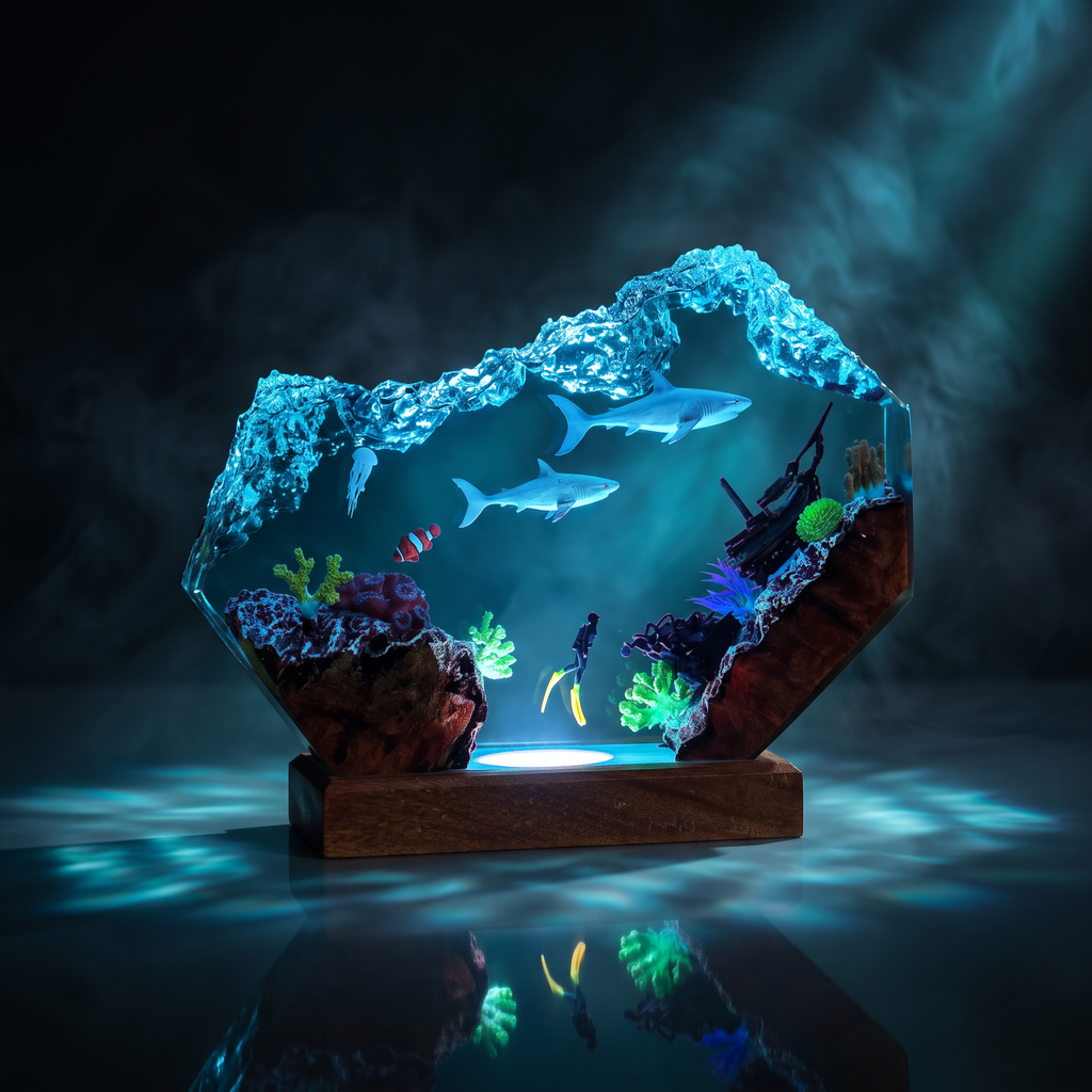2 Sharks Resin Lamp | LED Diorama Ocean | Lumiverse Resin