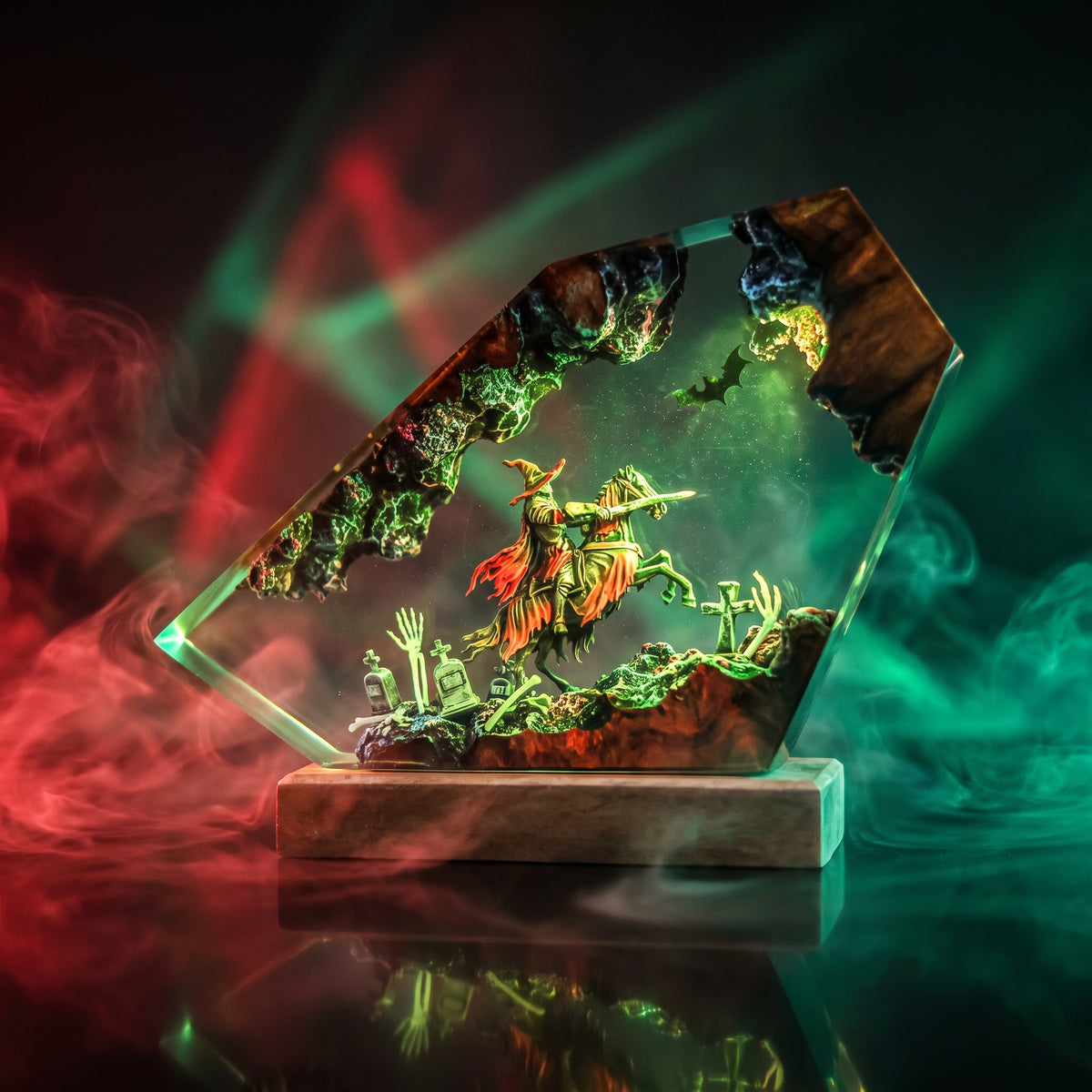 Headless HorseMan Resin Lamp V2 - Halloween displayed with a spooky background featuring fog and eerie elements.