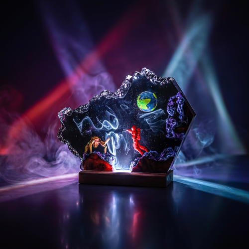 Rocky Resin Lamp V2 - Project Hail Mary featuring a galaxy theme with figures and glowing elements.