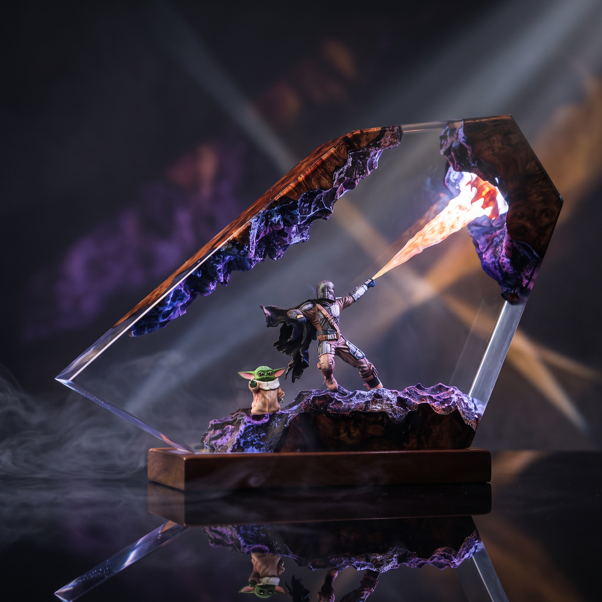 Armored Hunter Resin Lamp - Star War featuring a character wielding a flame, with Yoda beside him, artistic display.