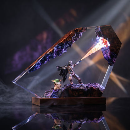 Armored Hunter Resin Lamp - Star War featuring a character wielding a flame, with Yoda beside him, artistic display.