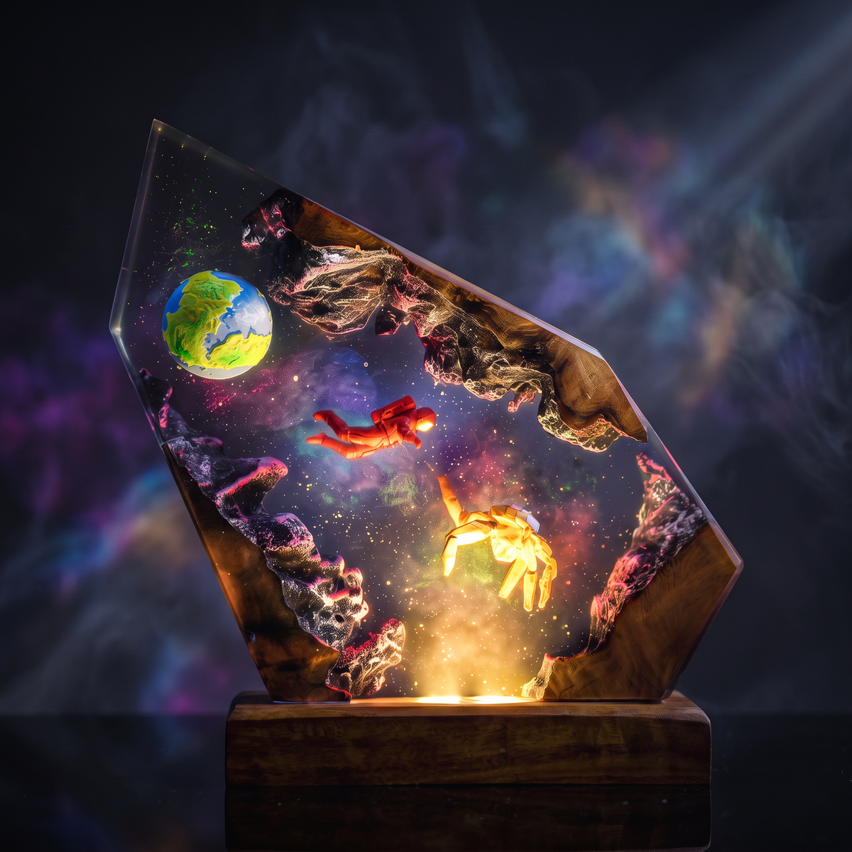 Rocky Resin Lamp V3 - Project Hail Mary illuminating a vibrant galaxy with floating astronauts and Earth.