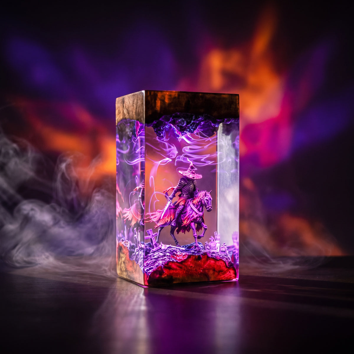 Headless Horseman Resin Lamp V3 - Halloween glowing decor with colorful lighting and fog effects.