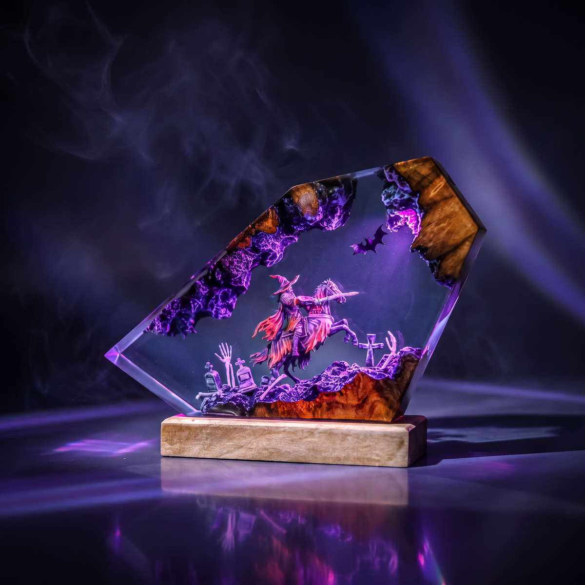 Headless HorseMan Resin Lamp V2 - Halloween showcasing a mystical scene with vibrant colors and a spooky theme.