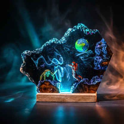 Rocky Resin Lamp V2 - Project Hail Mary showcasing a glowing space scene with figures in a resin design.
