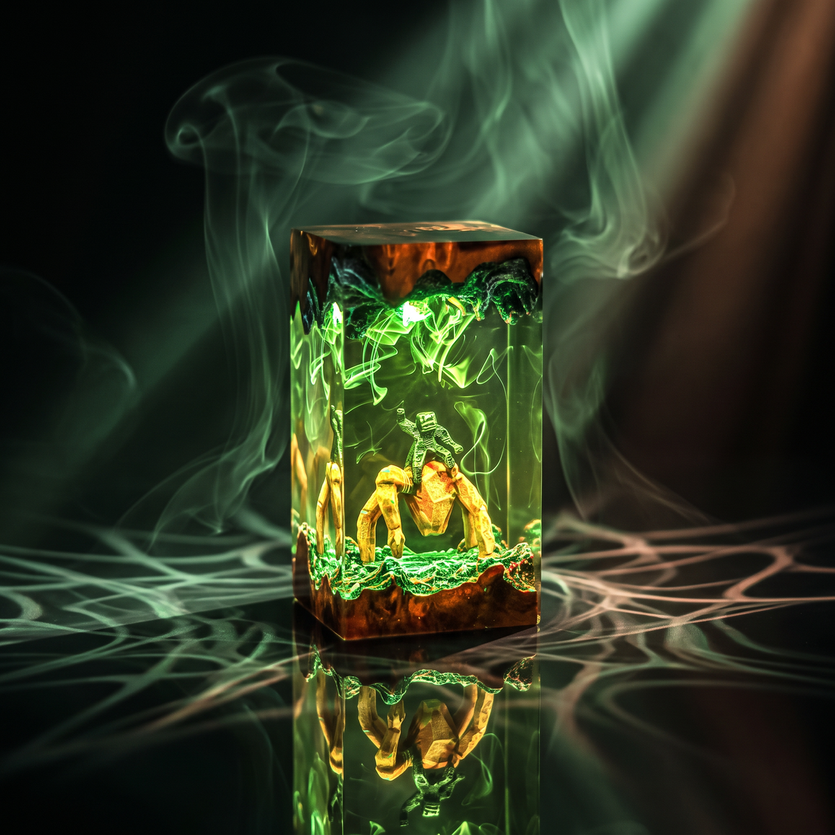 Rocky V1 Resin Lamp  - Project Hail Mary with intricate design and vibrant colors striking a reflective surface.