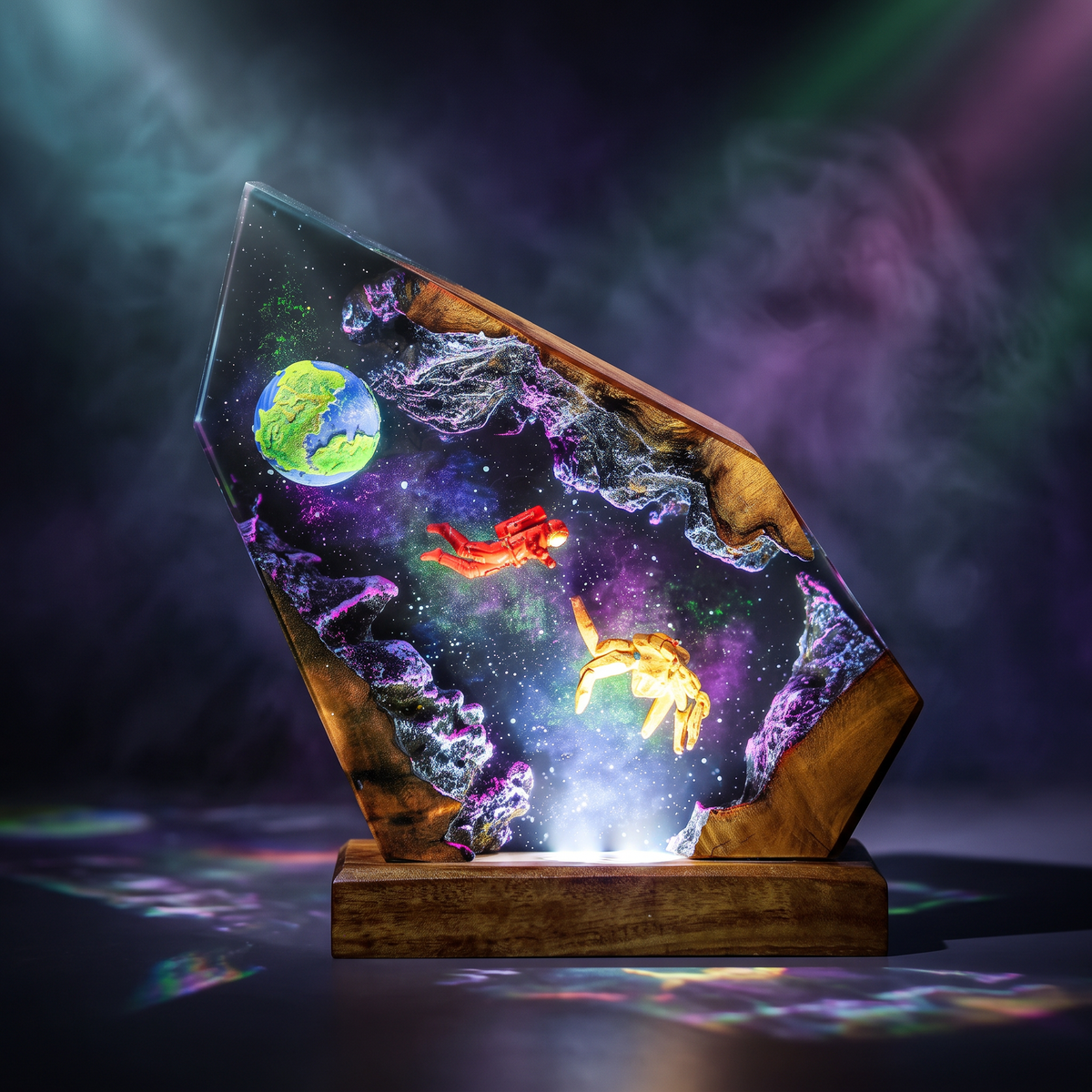 Rocky Resin Lamp V3 - Project Hail Mary with colorful astronauts and Earth in cosmic background.