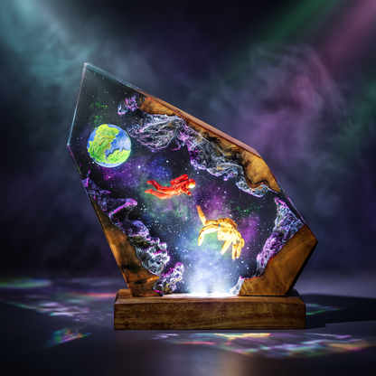 Rocky Resin Lamp V3 - Project Hail Mary with colorful astronauts and Earth in cosmic background.
