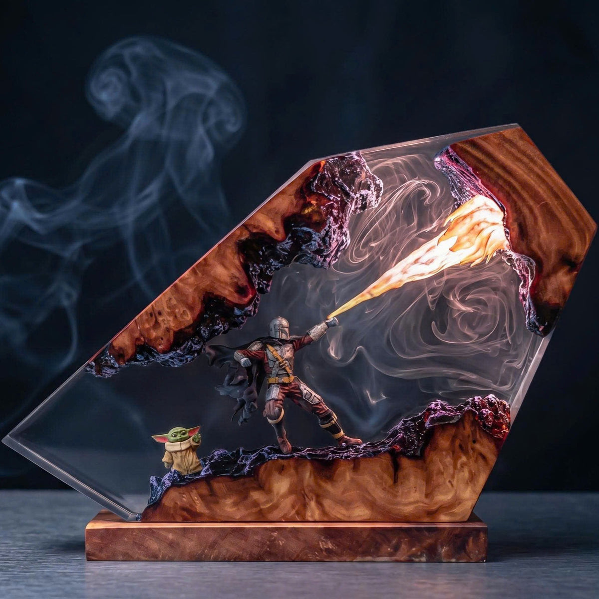 Armored Hunter Resin Lamp - Star War featuring a dynamic figure with flames and smoke effect.